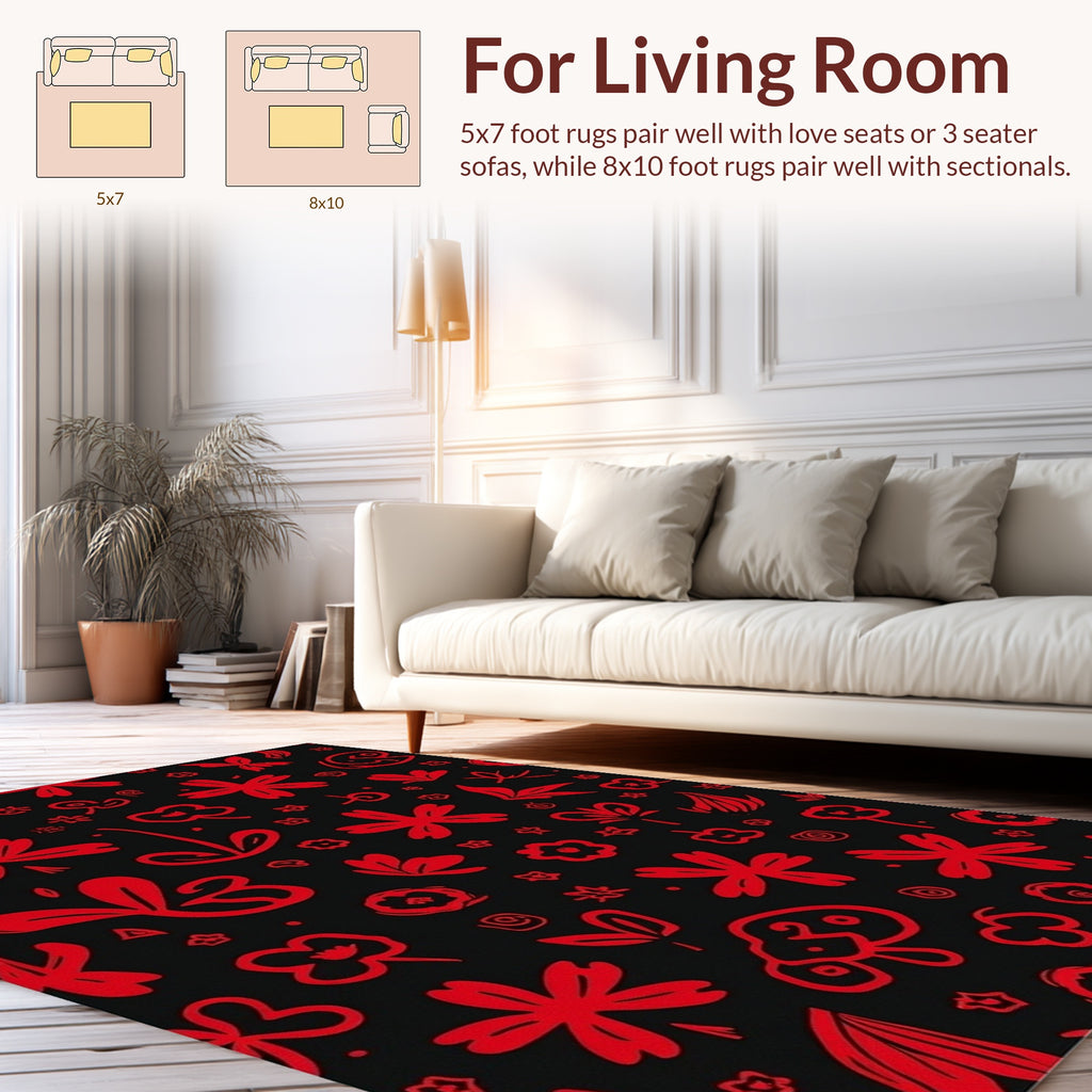 Red Flower Doodle Pattern Rug