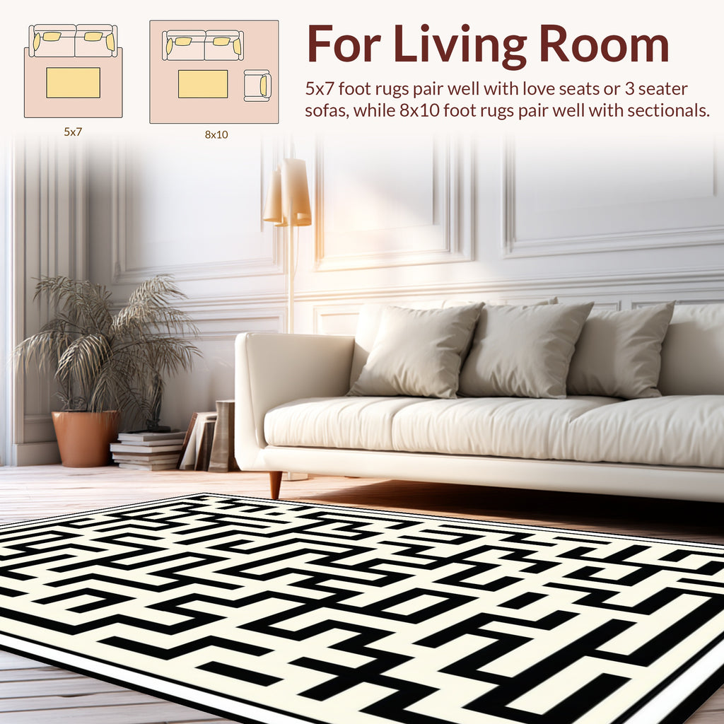 Black and White Geometric Maze Design Rug