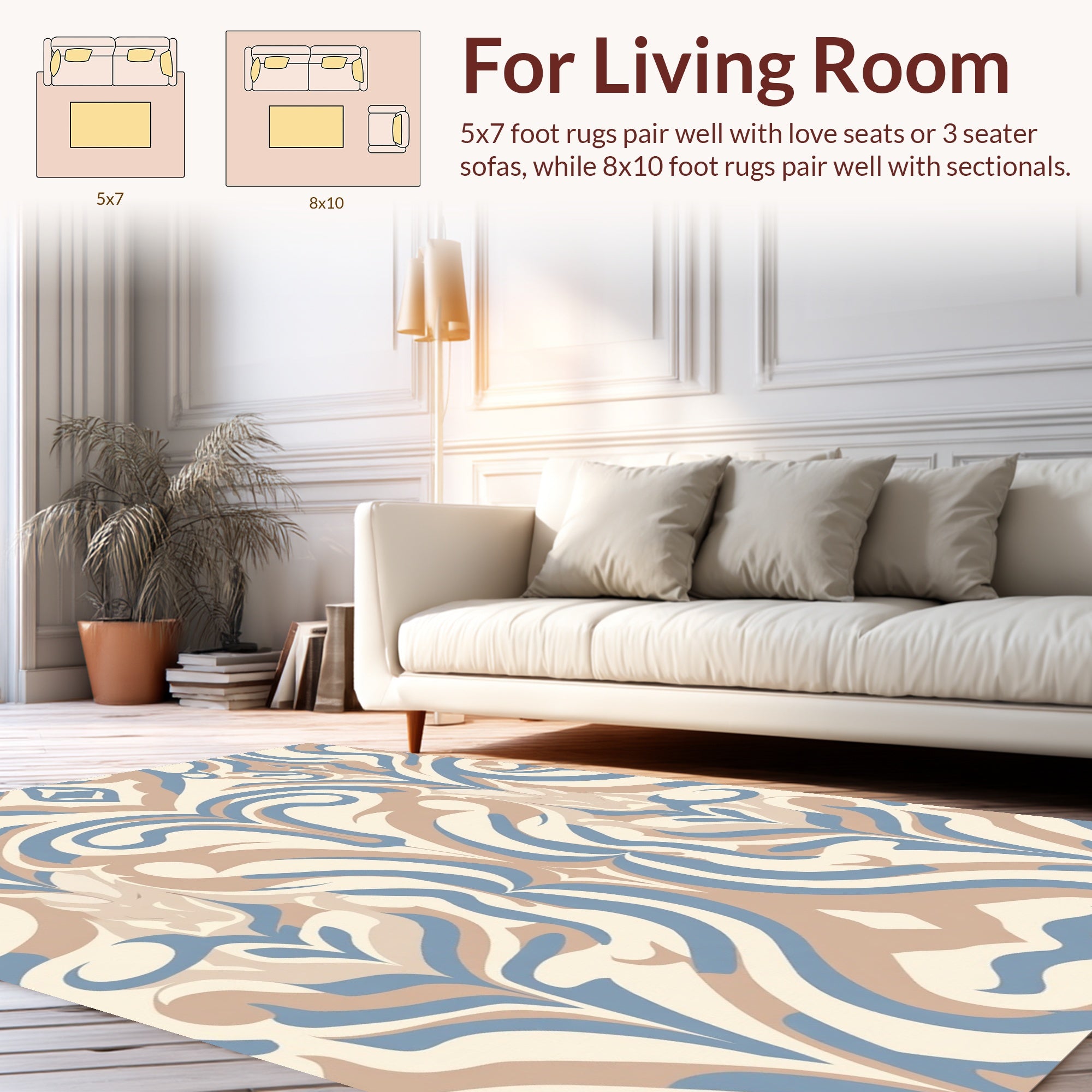 Cream Tan Blue Swirl Pattern Rug