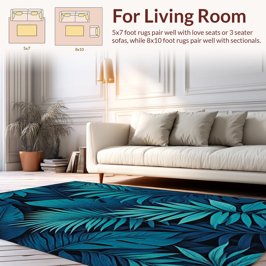 Tropical Deep Teal Leaf Pattern Rug