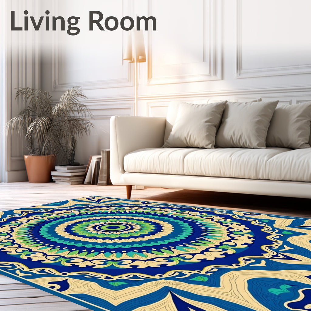 Vibrant Blue Green Mandala Floral Rug