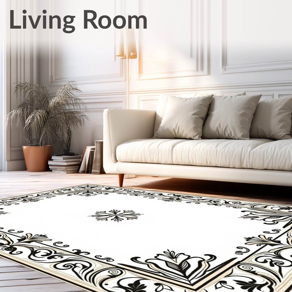 Ornate Black and Cream Scrollwork Border Rug