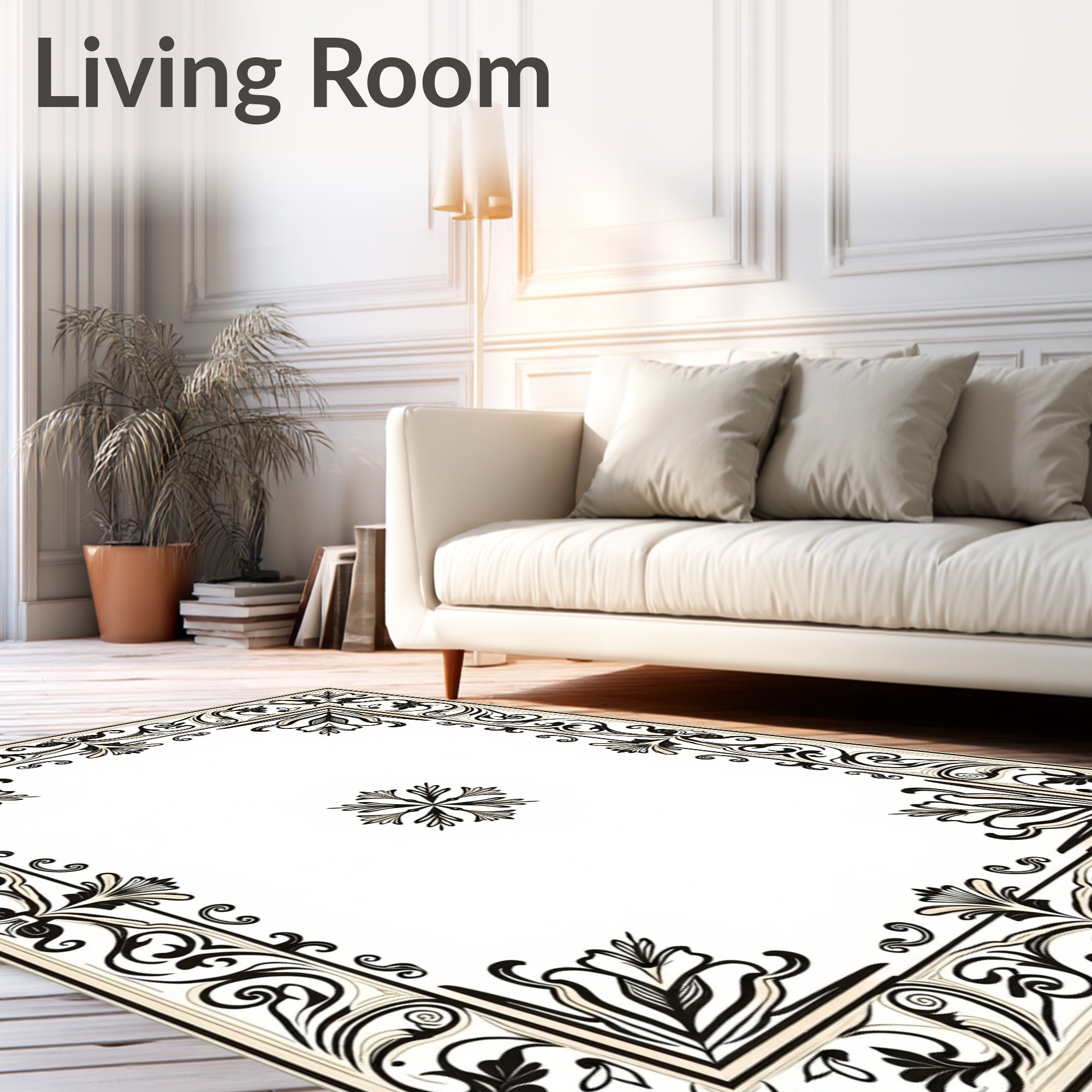 Ornate Black and Cream Scrollwork Border Rug