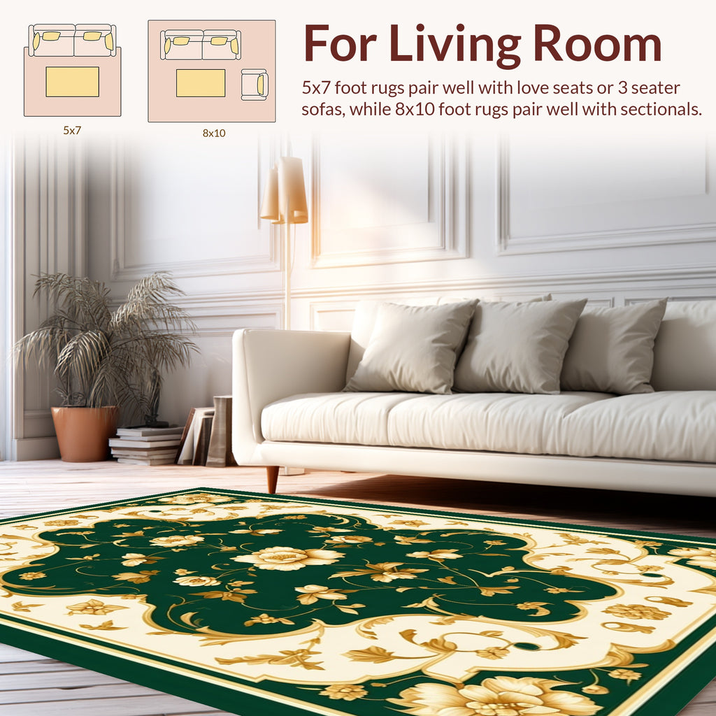 Elaborate Floral Scrollwork Emerald Rug