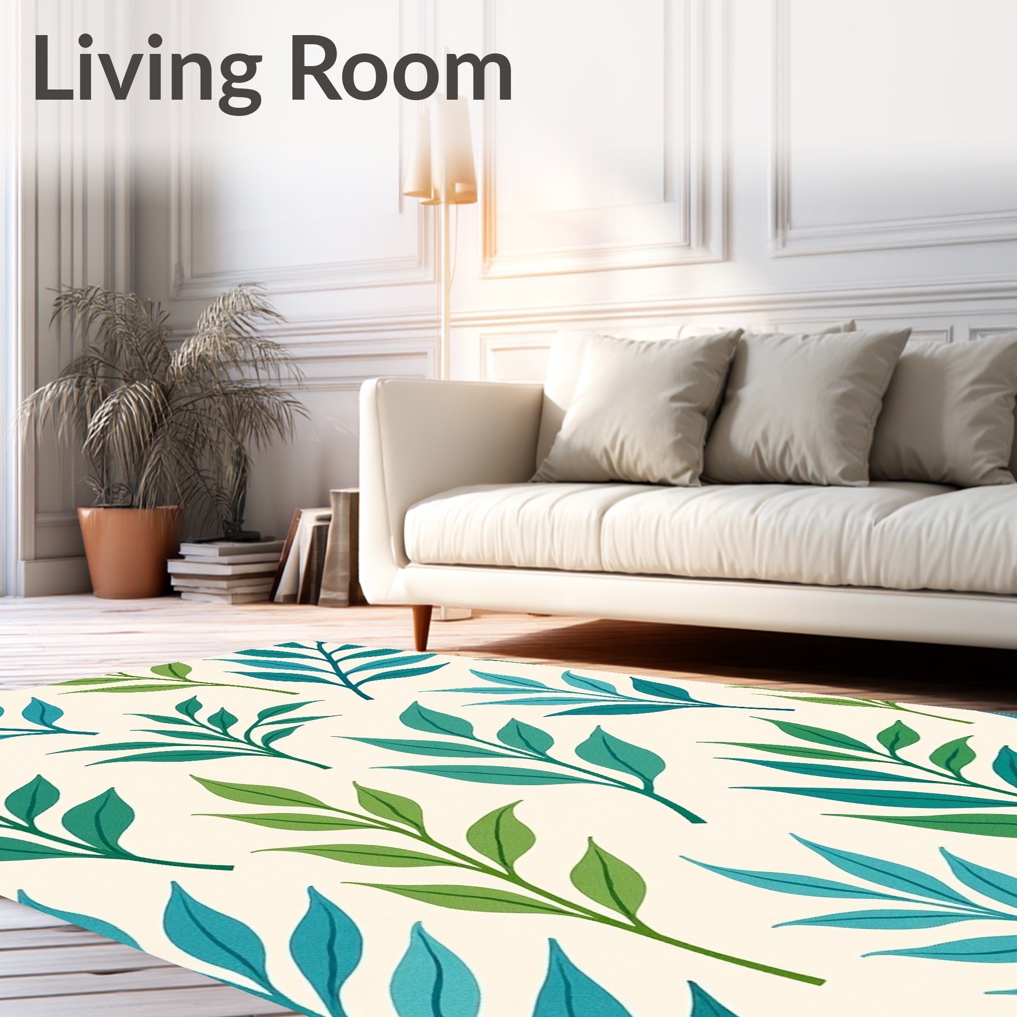 Teal Green Leafy Branch Pattern Rug