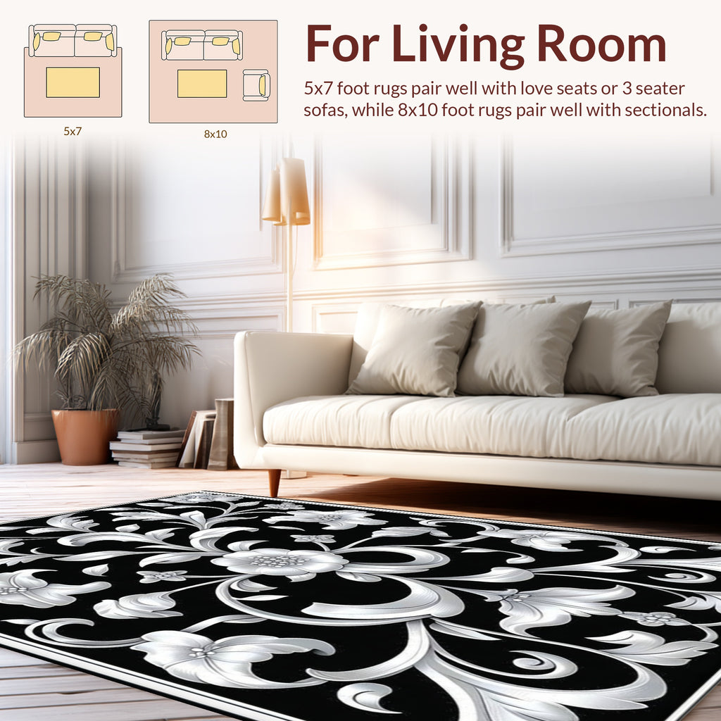 Black White Floral Acanthus Scroll Rug