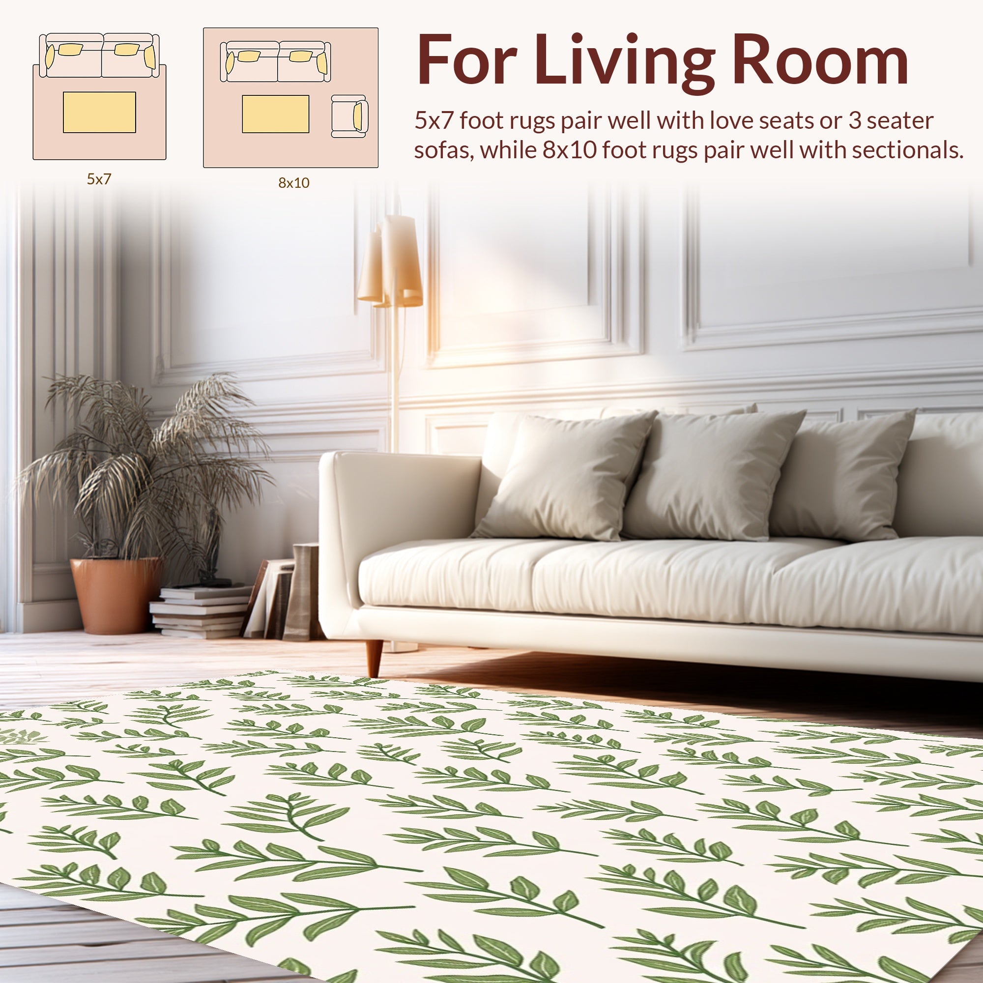 Earthy Green Leaf Pattern Rug