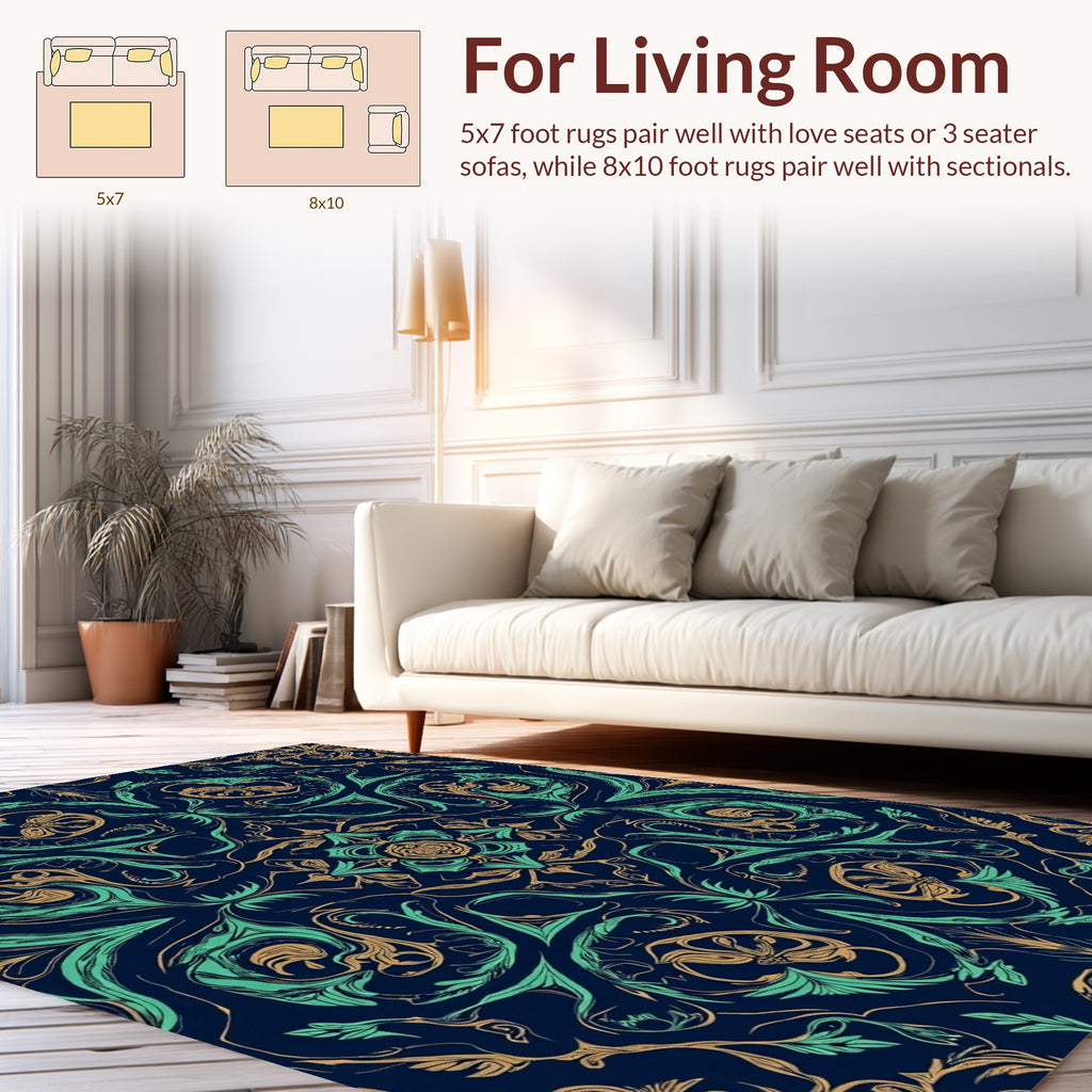 Ornate Teal Gold Swirl Pattern Rug