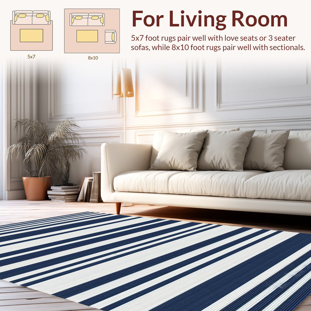 Classic Navy White Striped Design Rug