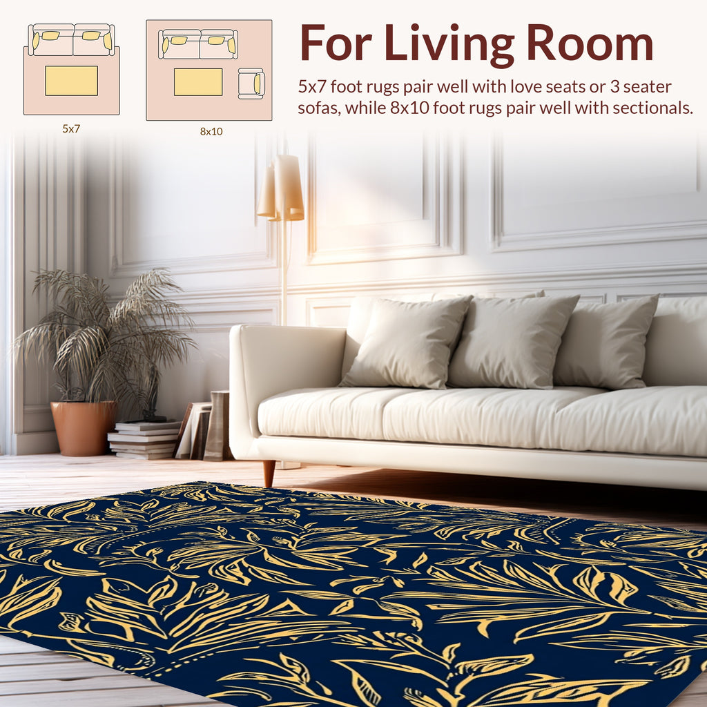 Navy And Gold Tropical Leaf Design Rug