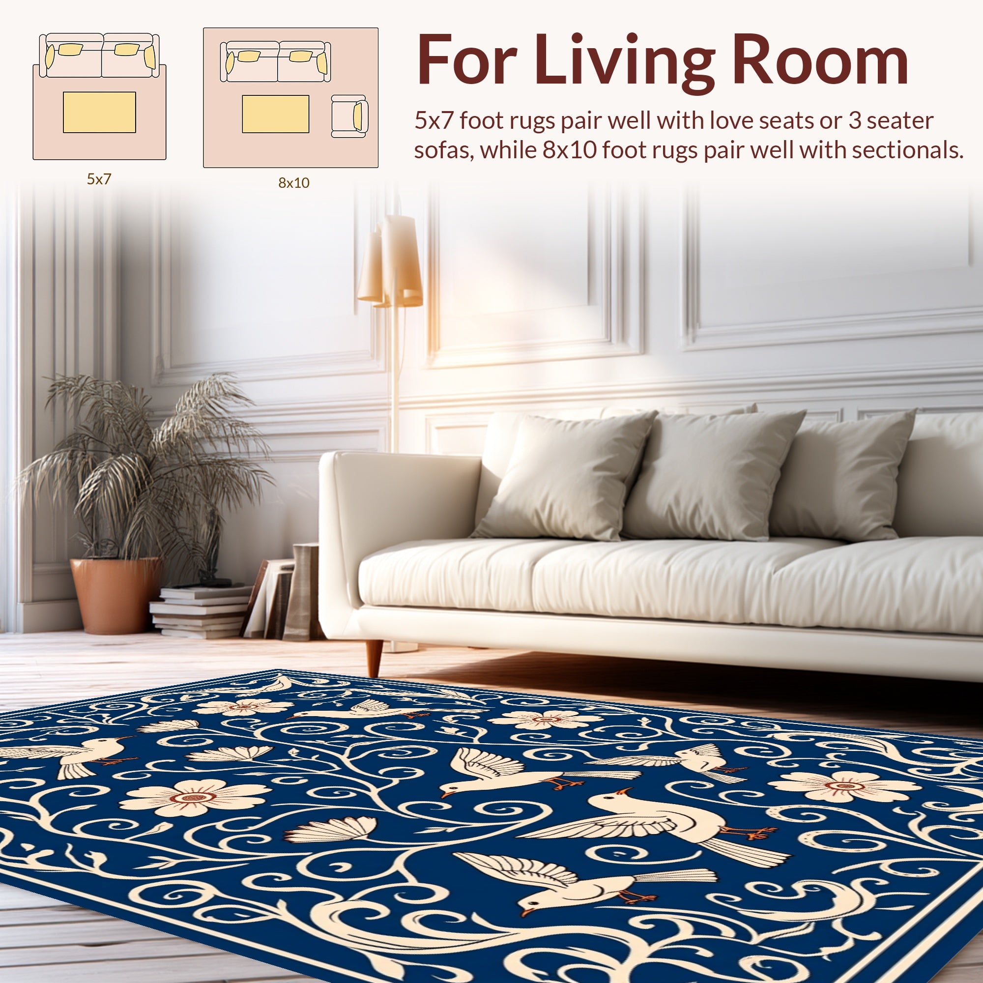 Navy Birds and Flowers Folk Art Rug