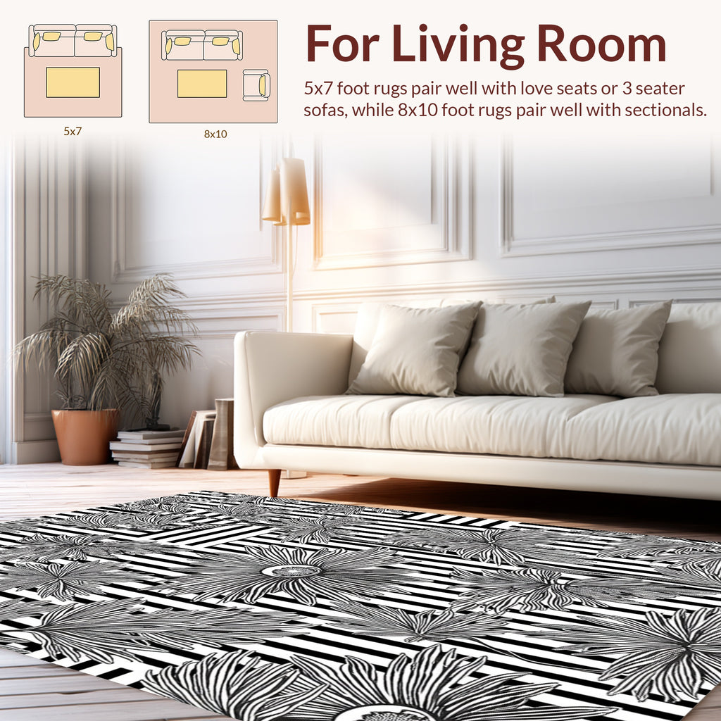Black White Floral Stripes Pattern Rug