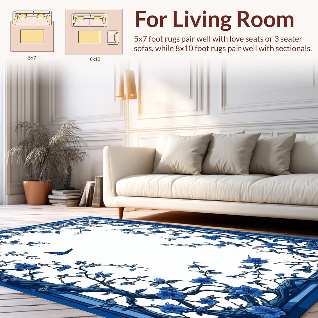 Blue Floral Branch With Bird Design Rug
