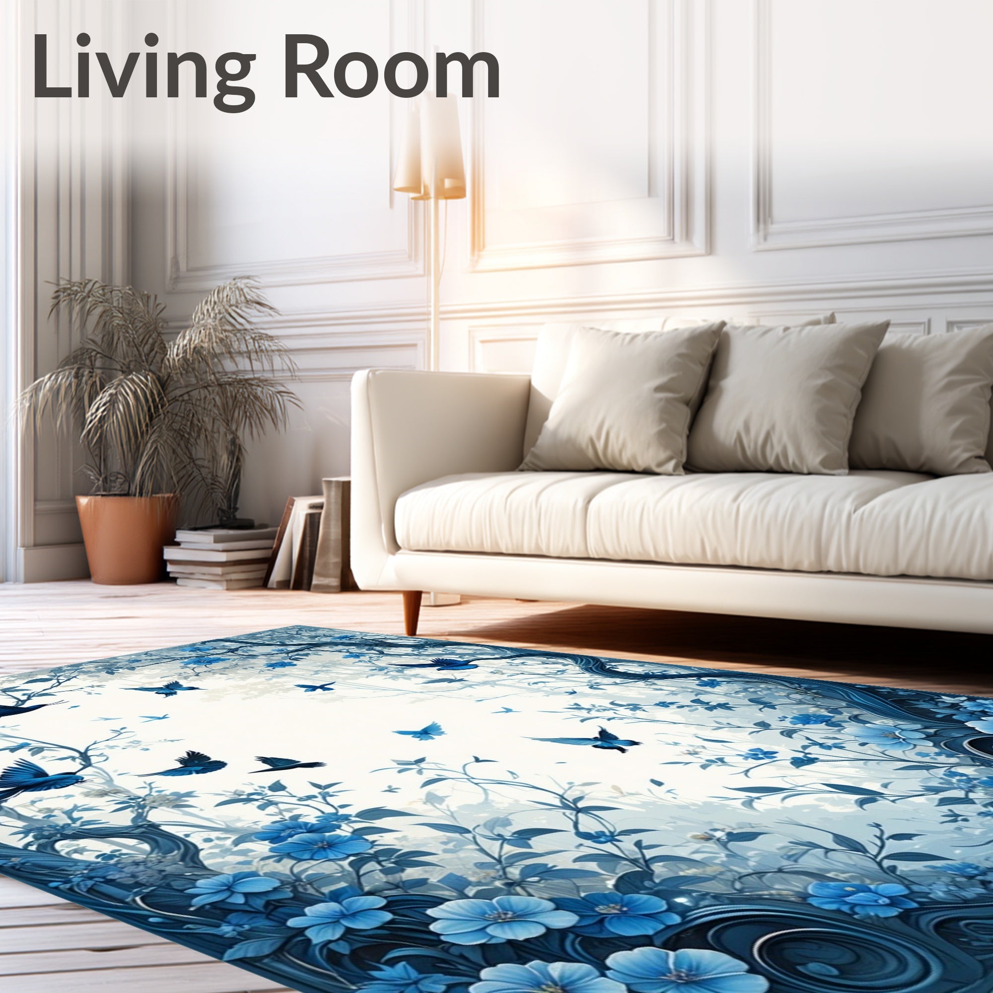 Enchanted Blue Floral and Bird Art Rug