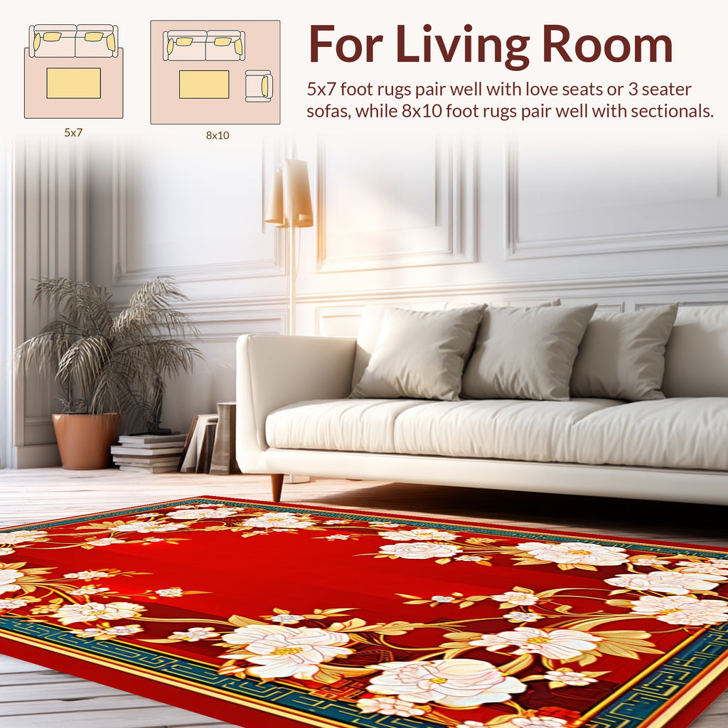 Rich Red Floral Scroll Frame Rug