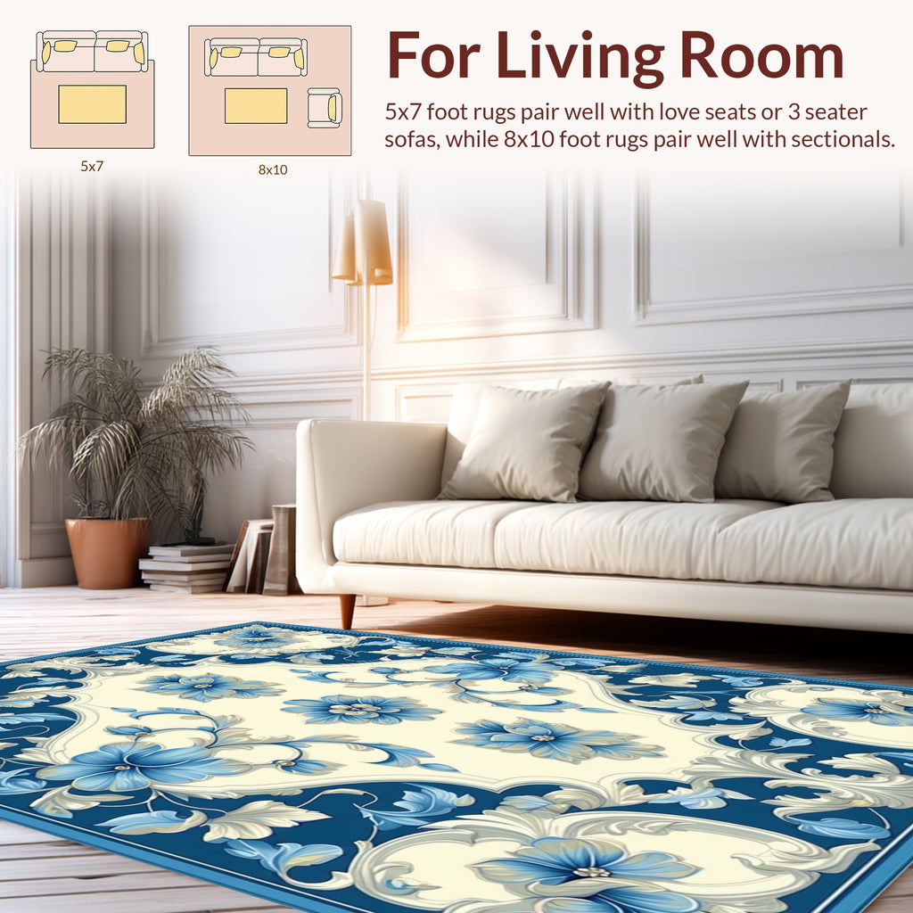 Elegant Blue Floral Scroll Pattern Rug
