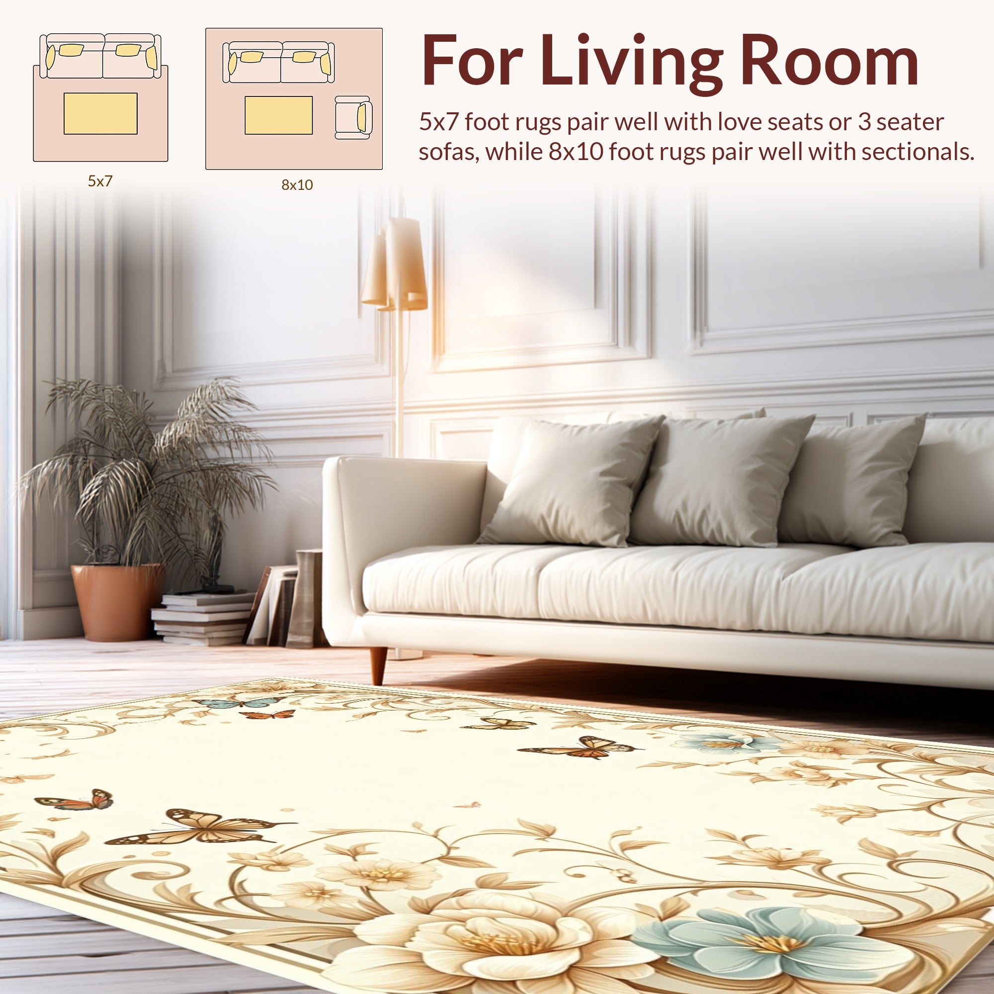 Elegant Floral Butterfly Scroll Design Rug