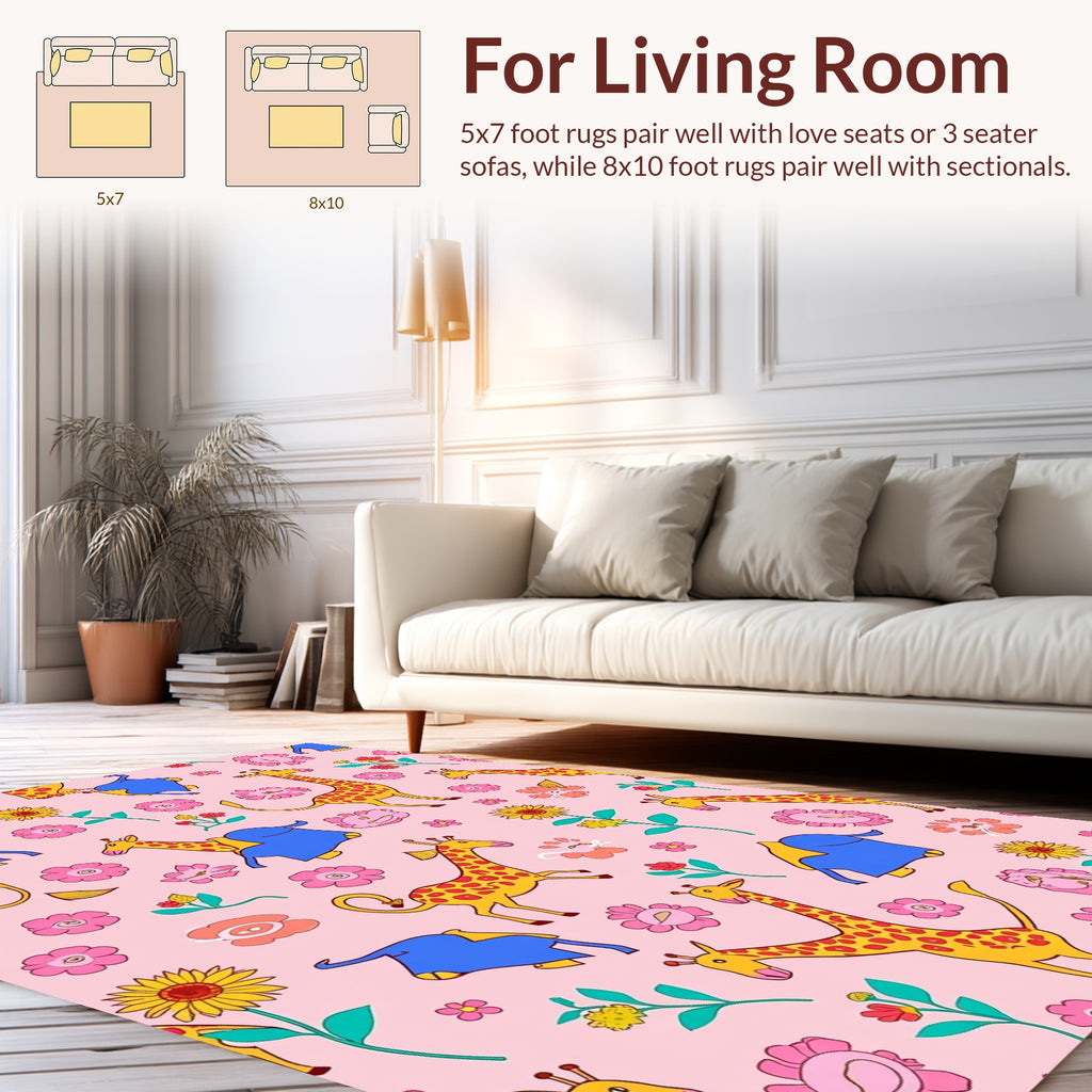 Playful Giraffe Elephant Floral Pattern Rug