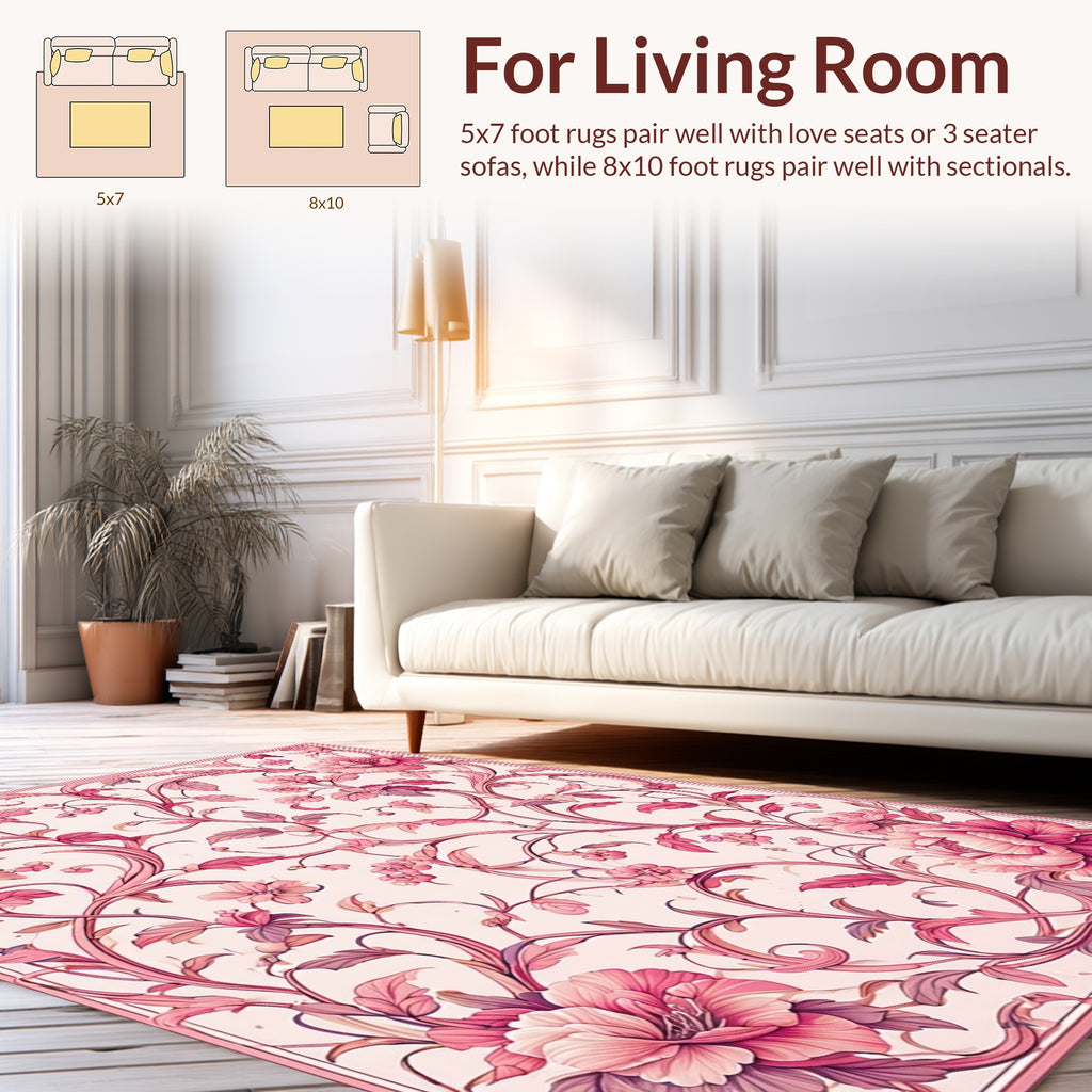 Ornate Pink Floral Vine Pattern Rug