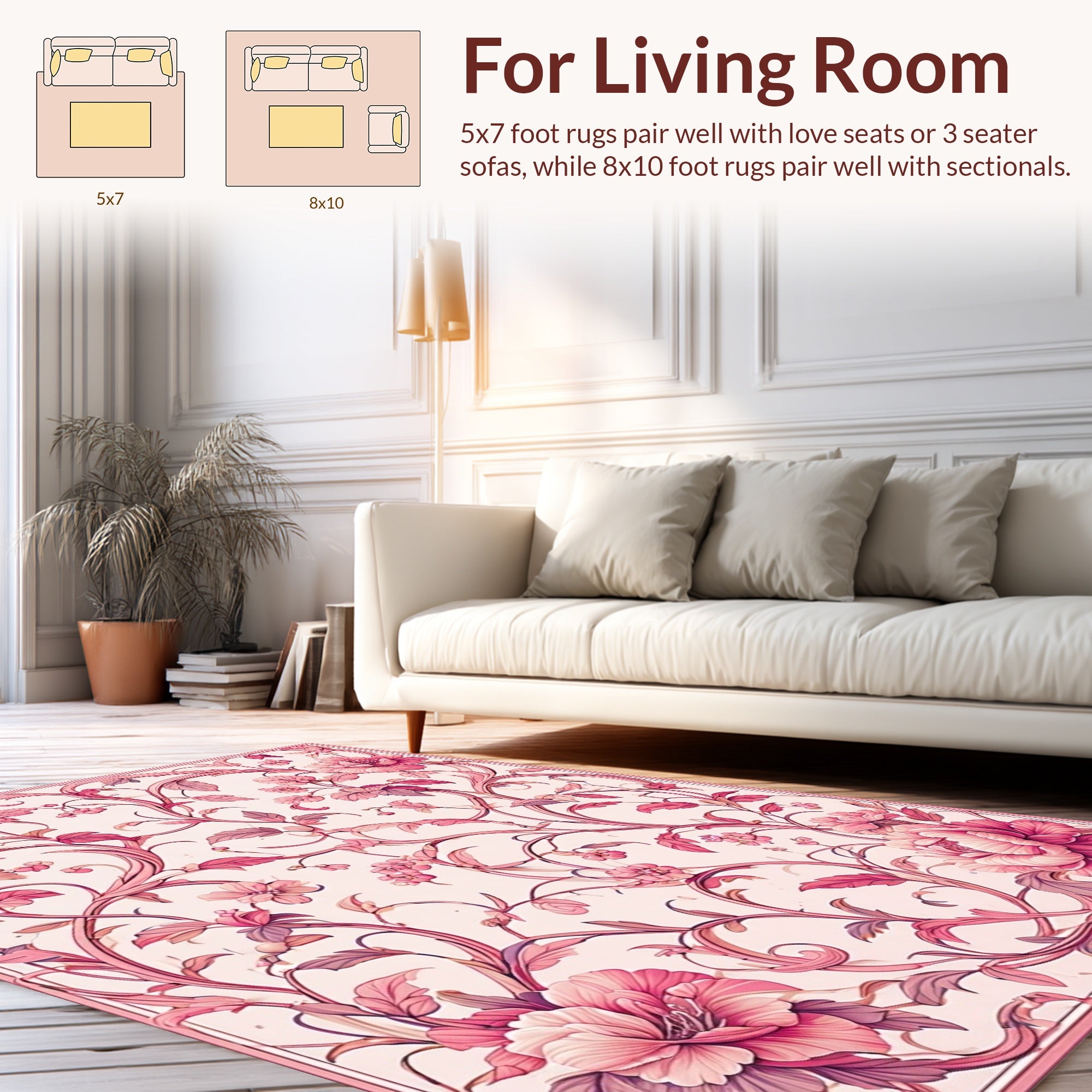 Ornate Pink Floral Vine Pattern Rug