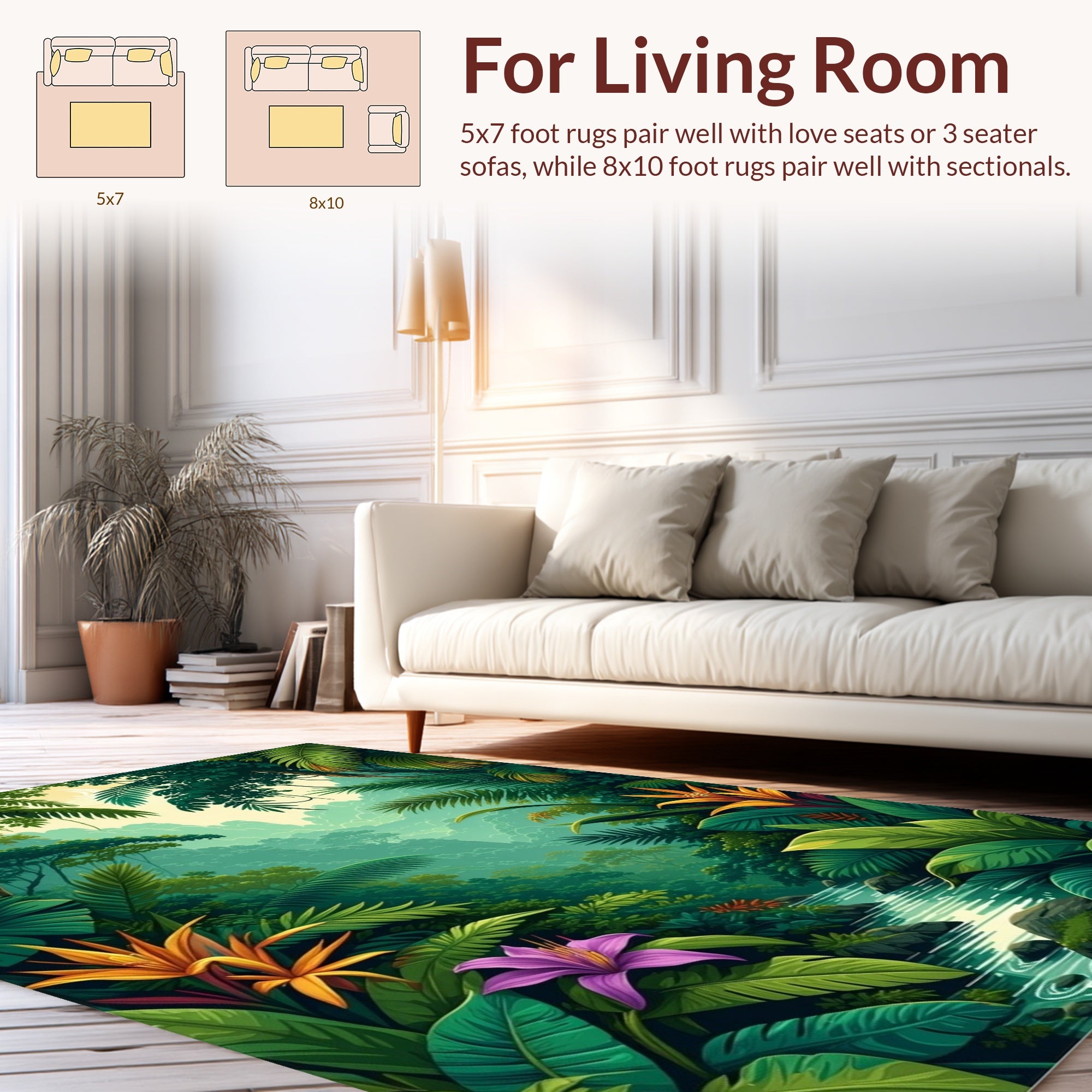 Vibrant Tropical Floral Jungle Scene Rug