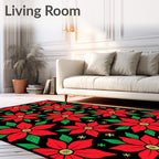 Black Red Poinsettia Floral Snowflake Rug