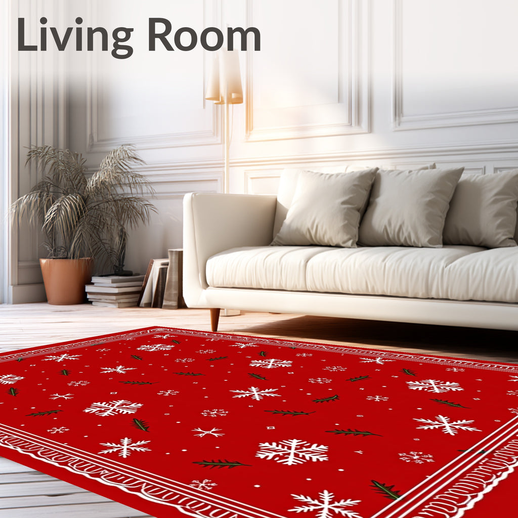 Red Snow Flurry Holiday Border Rug