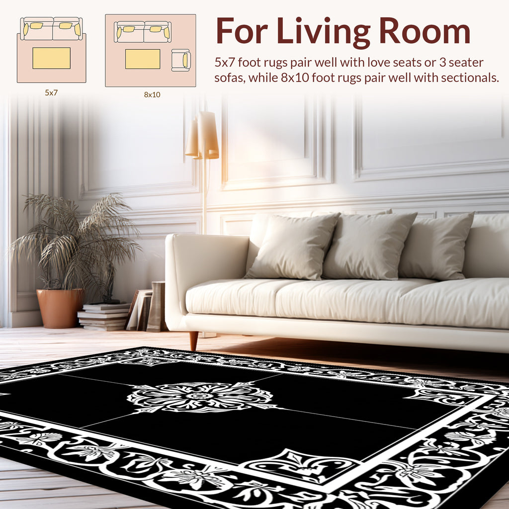 Ornate Floral Scrollwork Black White Rug