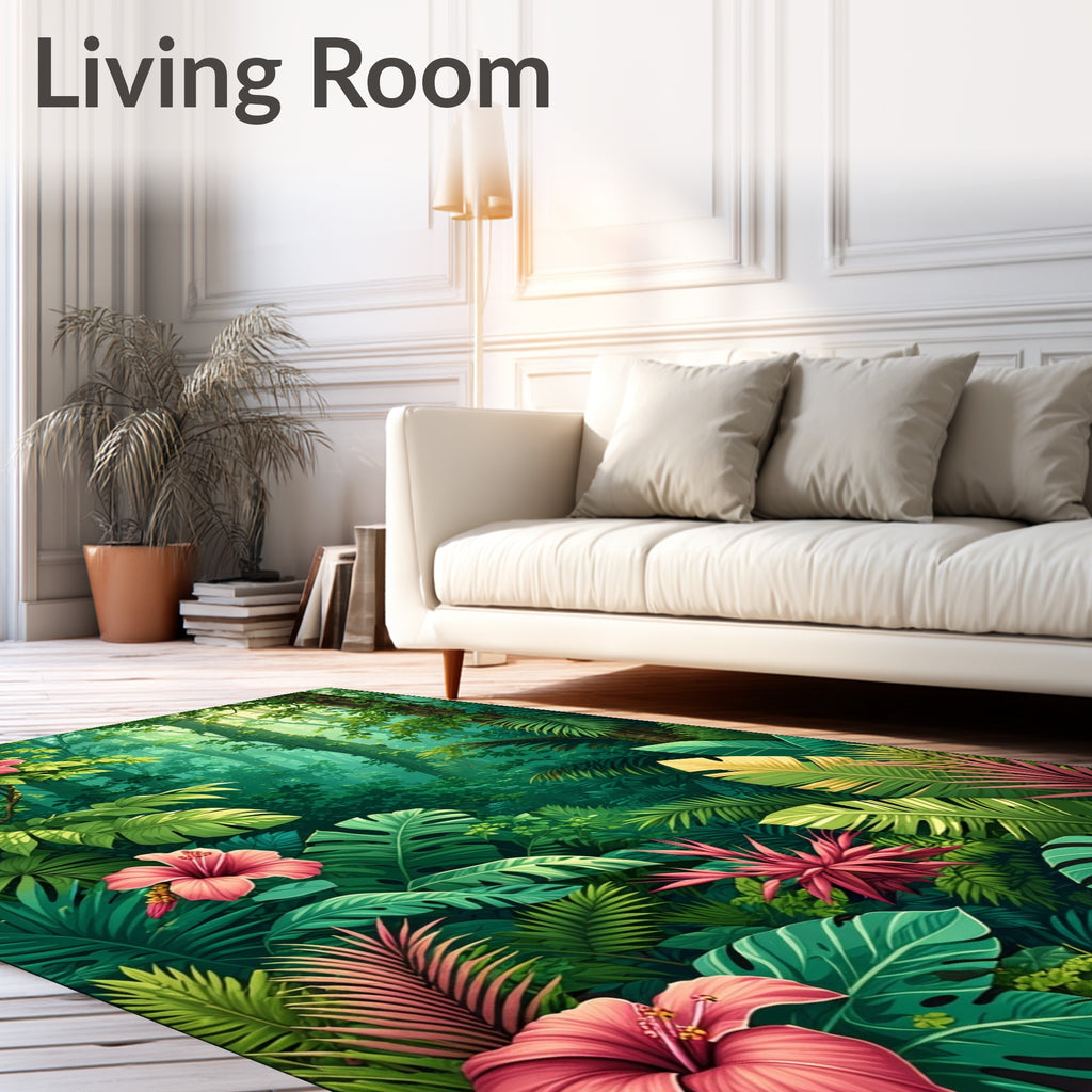 Lush Tropical Ferns With Hibiscus Blossoms Rug