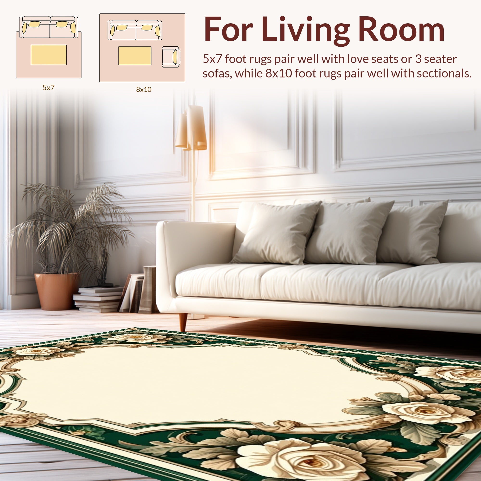 Elegant Floral Scrollwork Cream Green Rug