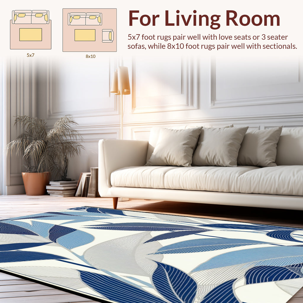 Abstract Blue Leafy Botanical Pattern Rug