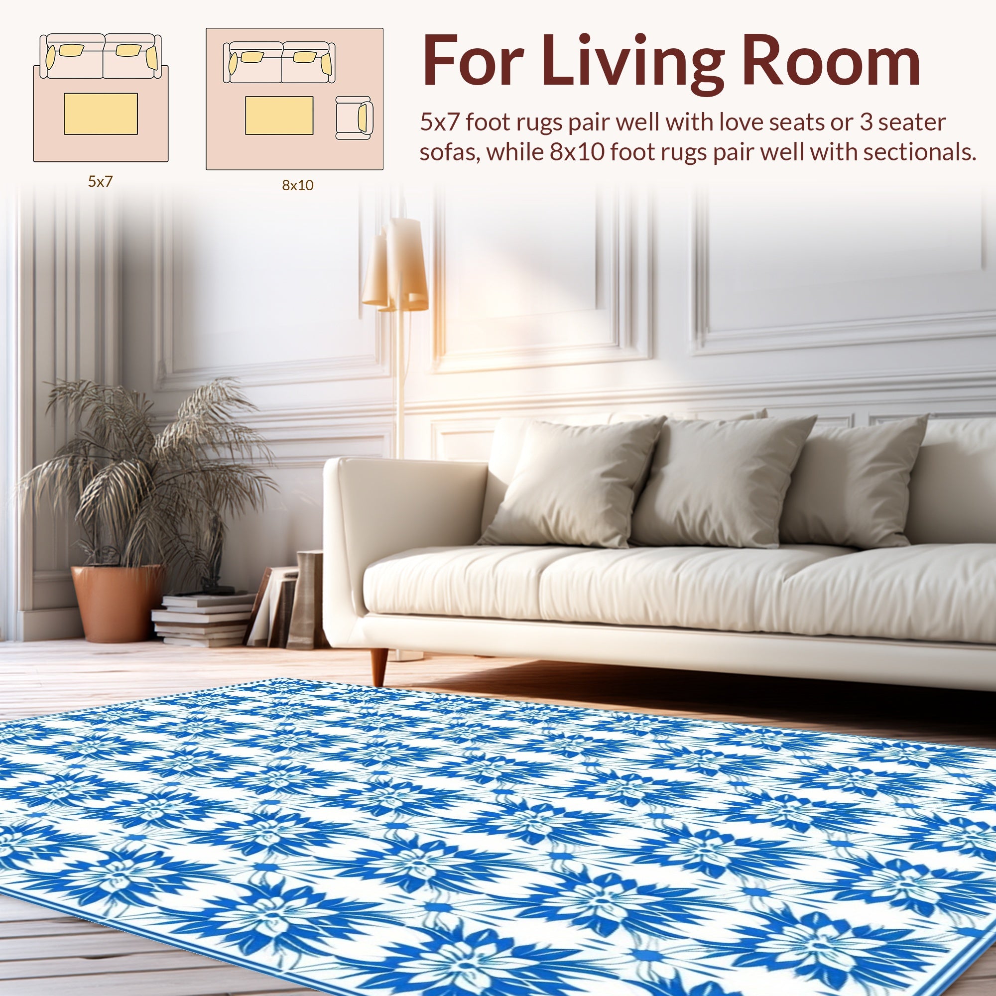 Blue White Floral Symmetry Pattern Rug