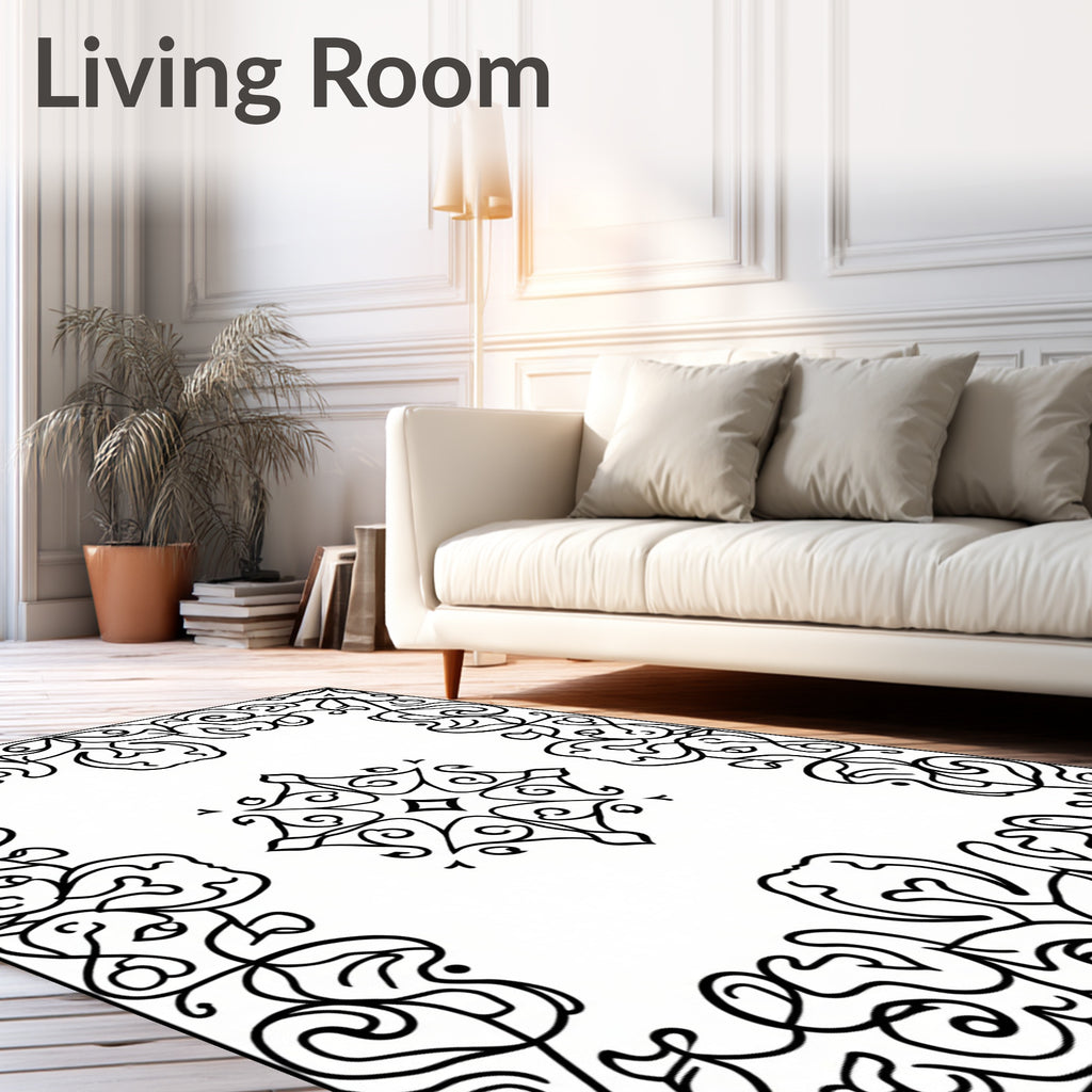 Ornate Black Scrollwork Medallion Border Rug