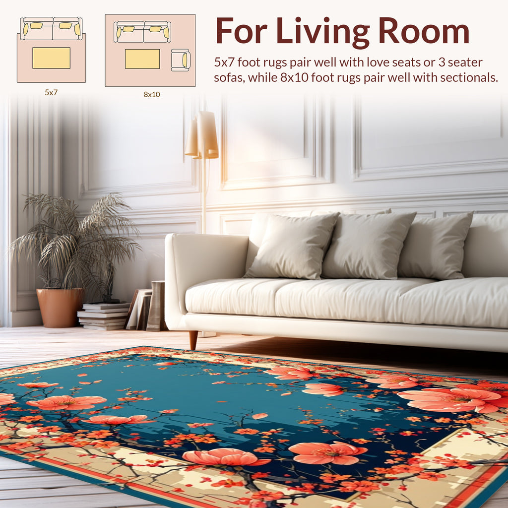 Coral Blossom Border Floral Design Rug