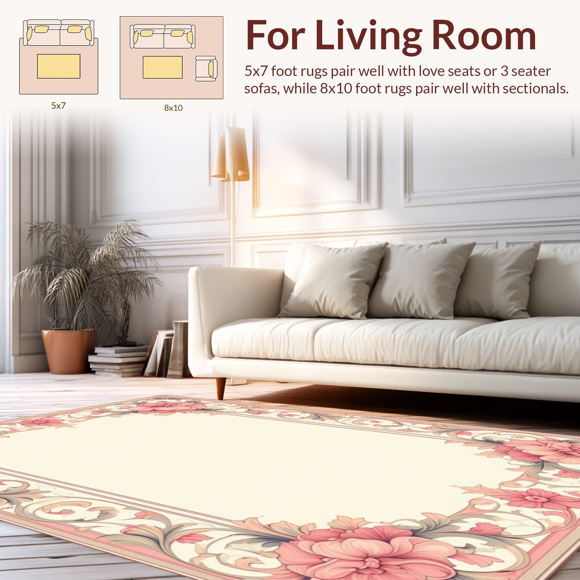 Pastel Pink Floral Scrollwork Border Rug