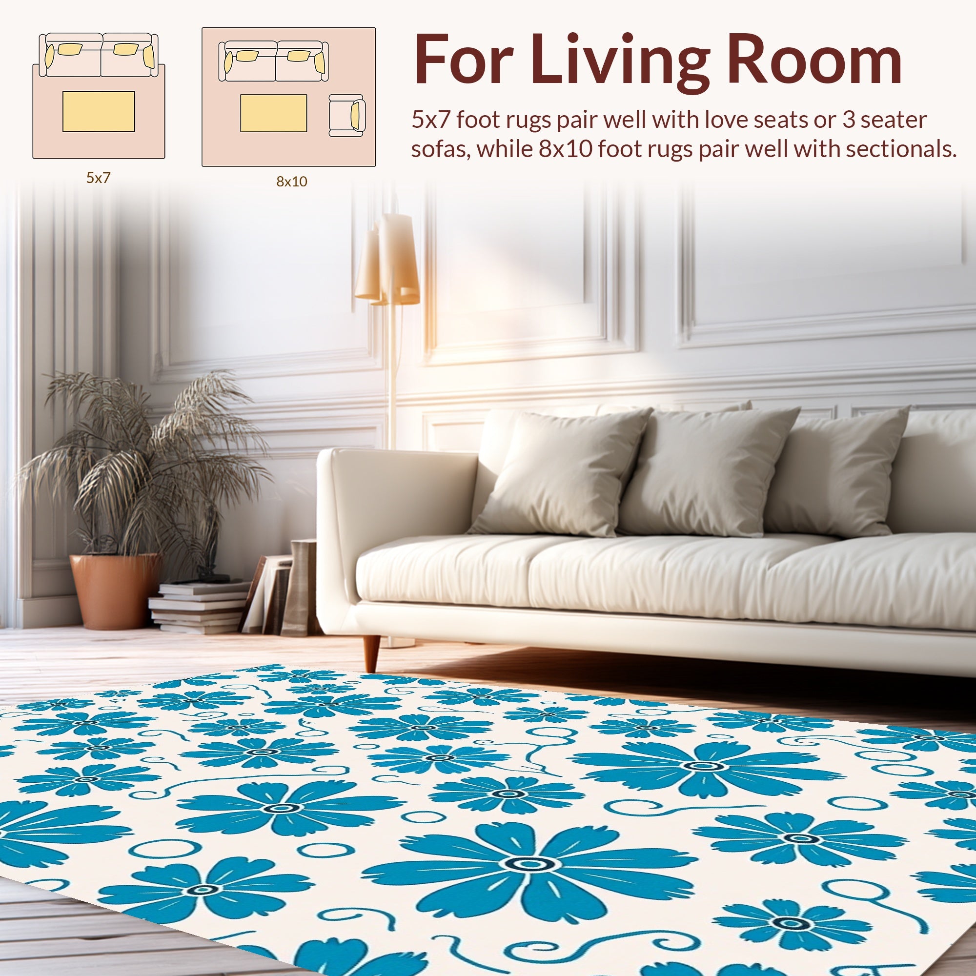 Delicate Blue Flower Pattern Rug