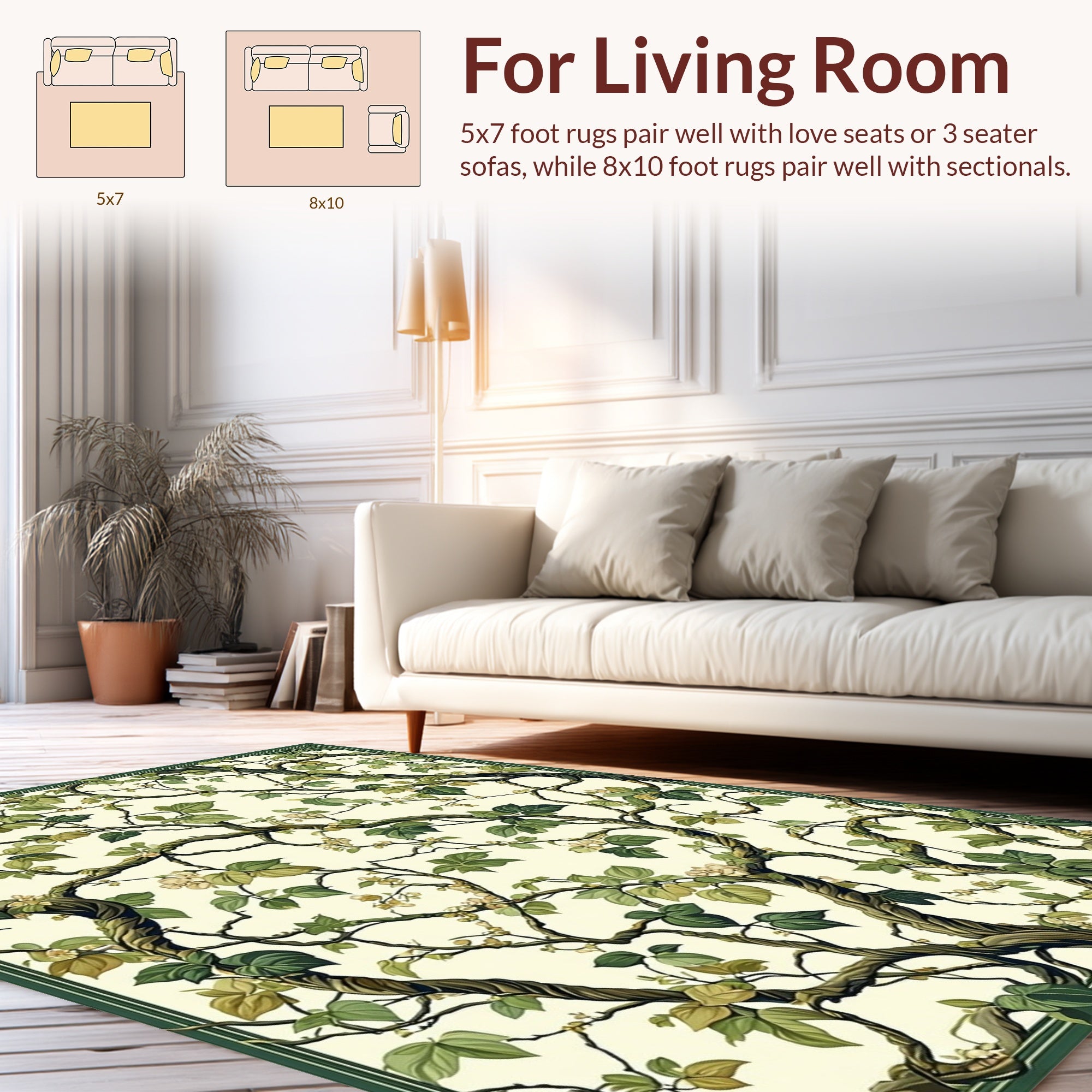 Vining Green Leaf Whimsical Floral Pattern Rug