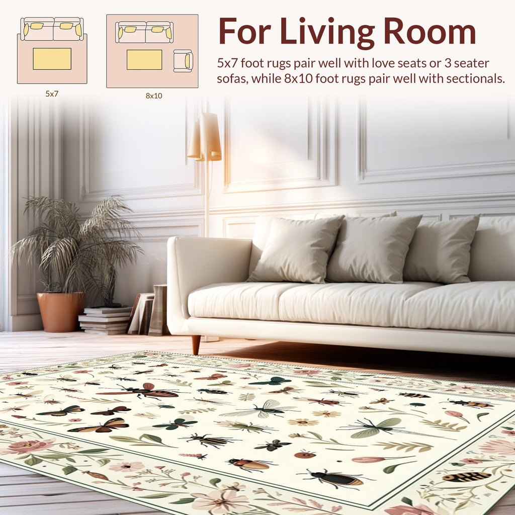 Whimsical Insect Floral Border Design Rug