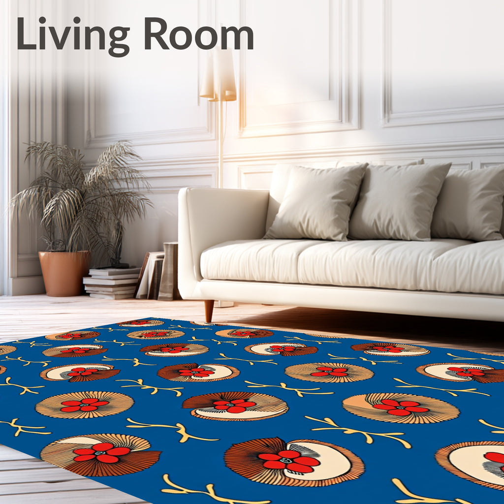 Red Floral Circles on Blue Background Rug