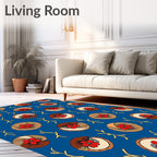 Red Floral Circles on Blue Background Rug