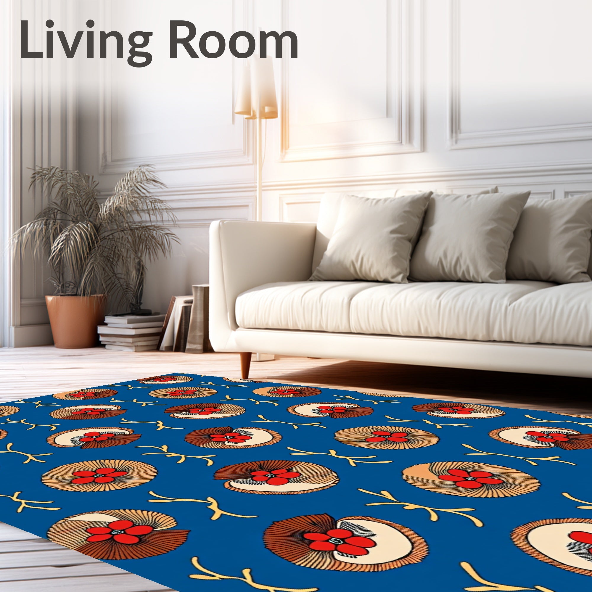 Red Floral Circles on Blue Background Rug