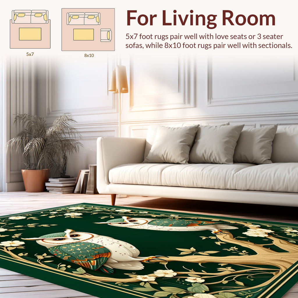 Emerald Whimsical Owl Floral Art Rug