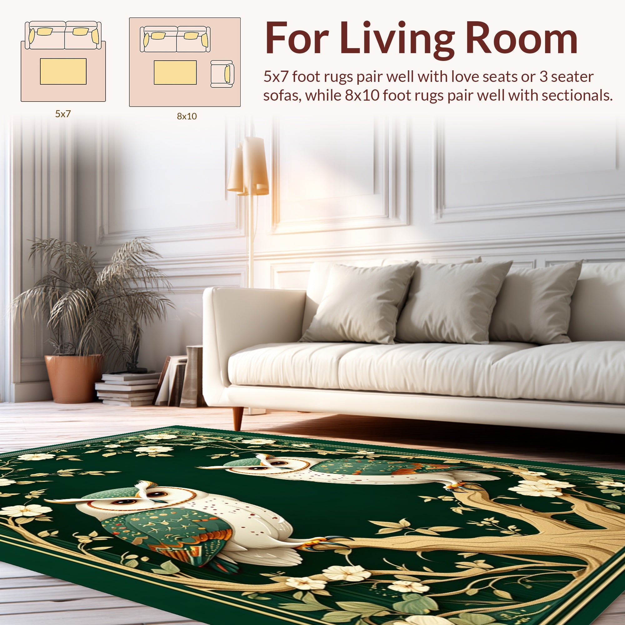 Emerald Whimsical Owl Floral Art Rug