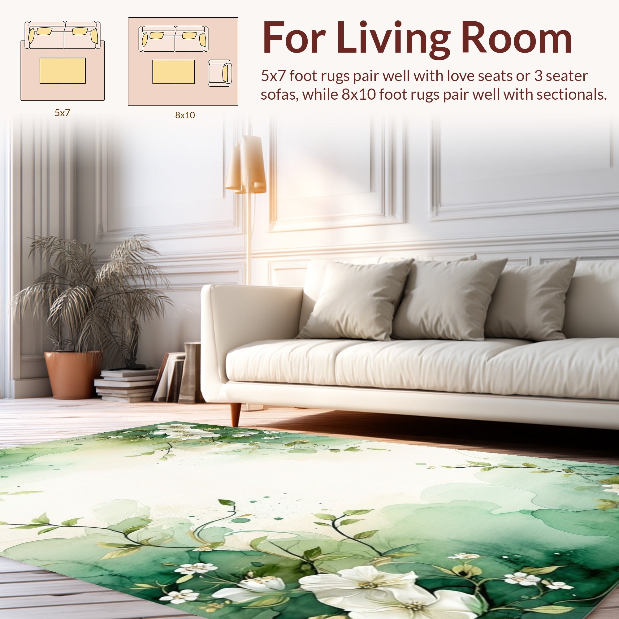 Green Watercolor Floral Vine Design Rug