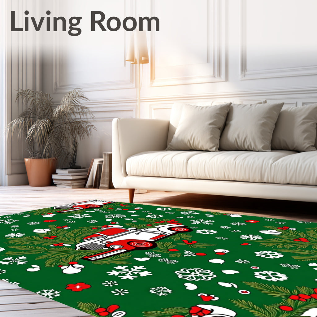Christmas Truck Pine Holly Snowflakes Rug