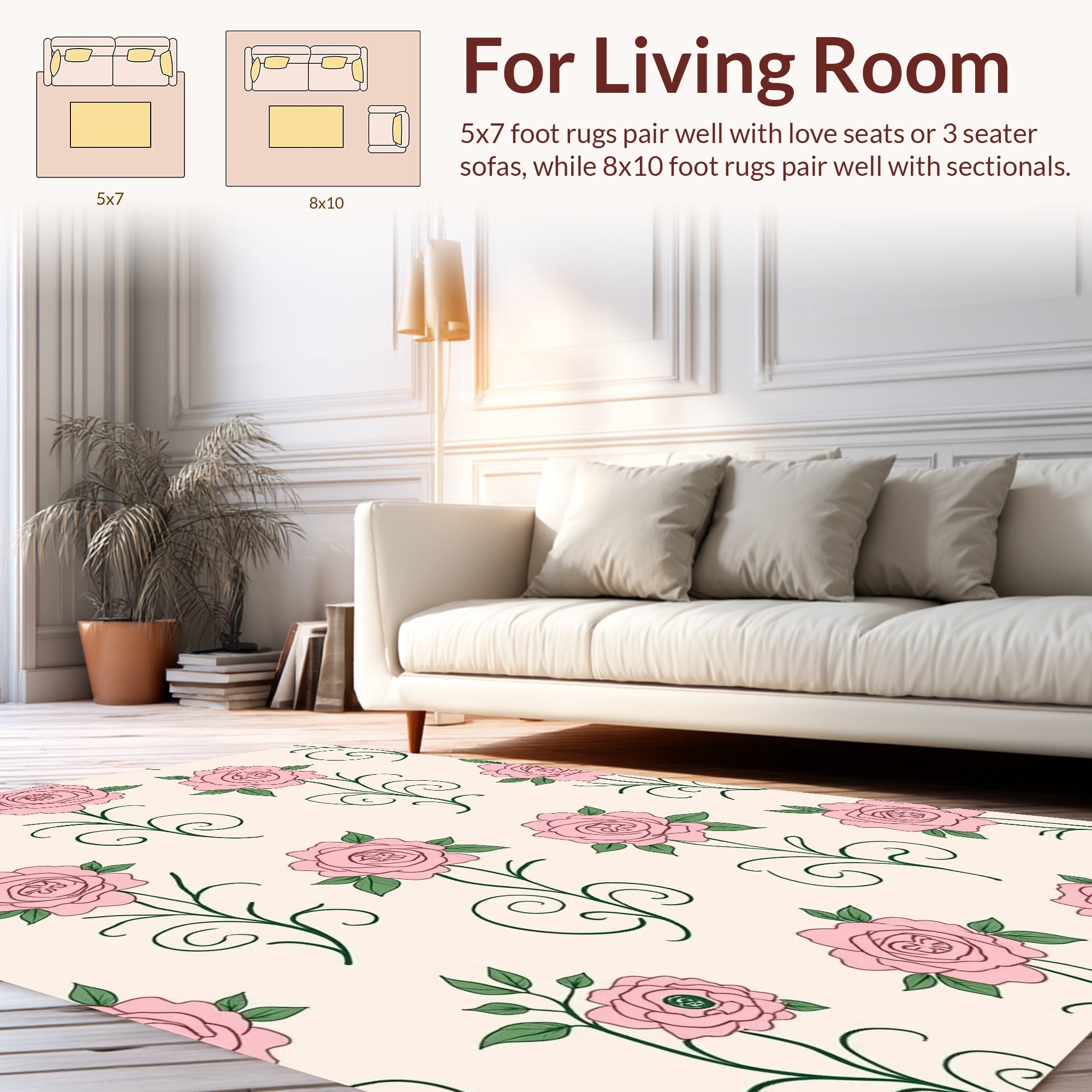 Pink Roses With Green Swirls Design Rug