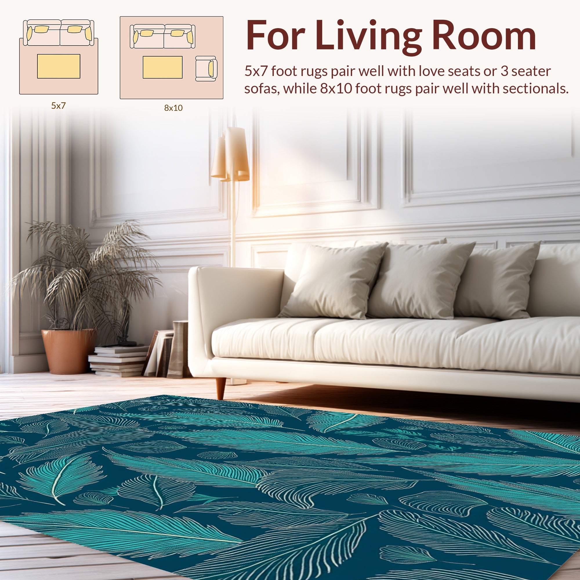 Elegant Teal Feathers Pattern Design Rug