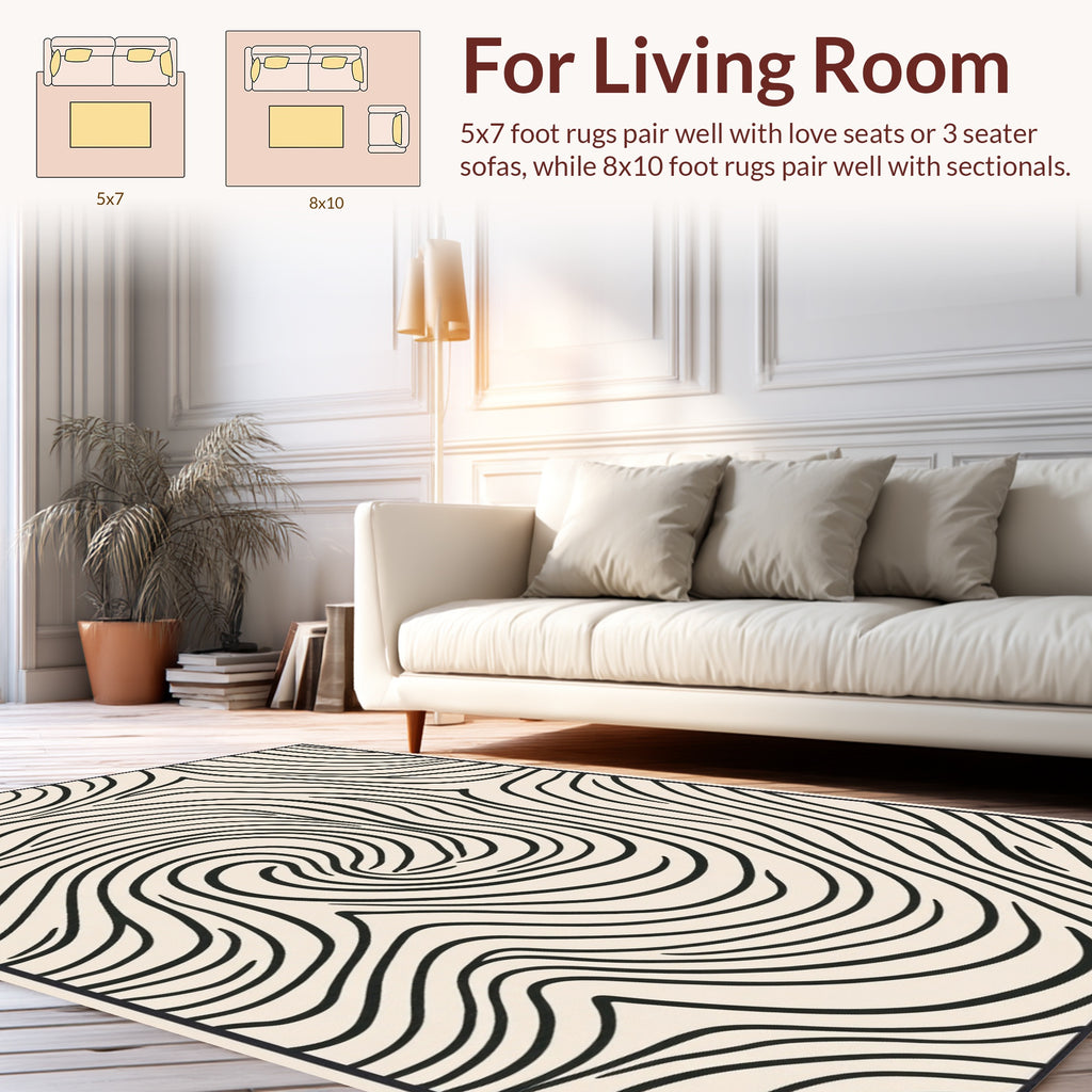 Abstract Black Line Swirl Pattern Rug