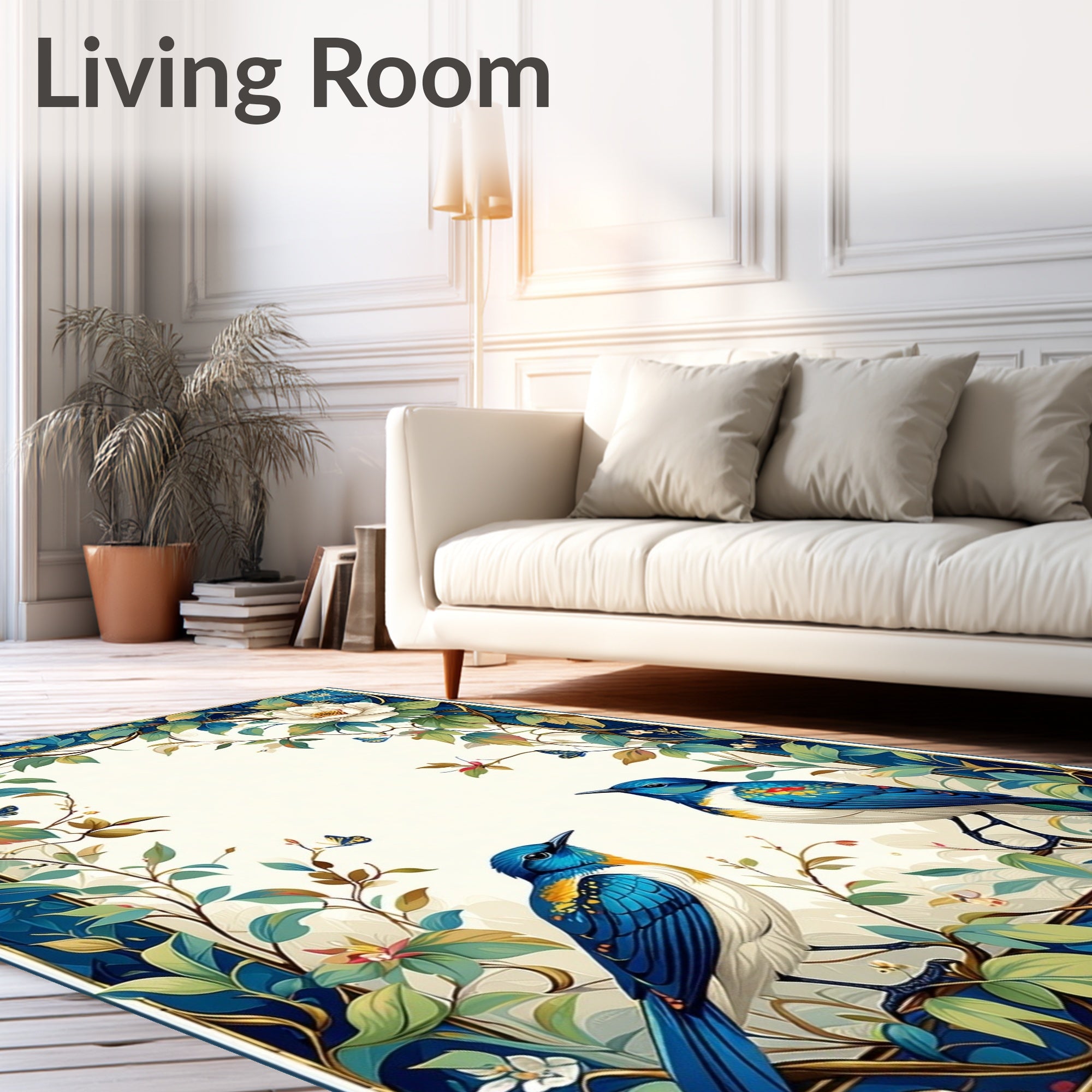 Blue Birds Botanical Floral Frame Rug