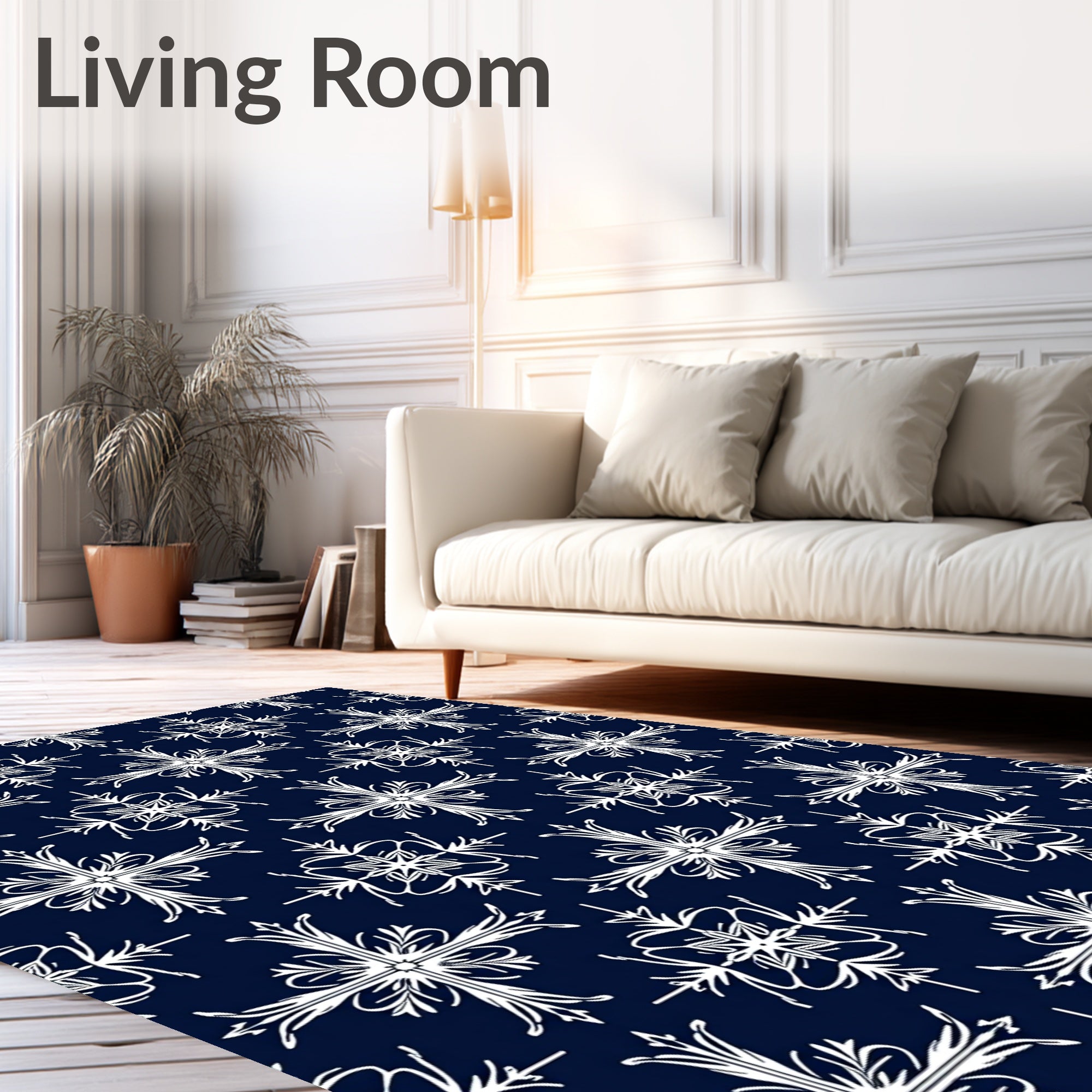 Navy White Scrolling Floral Medallion Rug